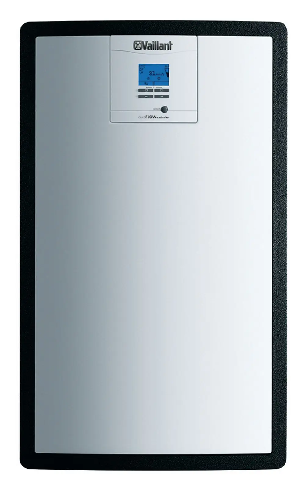 Vaillant-Wandgerät in einem schlichten Design mit LCD-Anzeige. Es zeigt Temperaturwerte an und hat Bedientasten für die Steuerung.